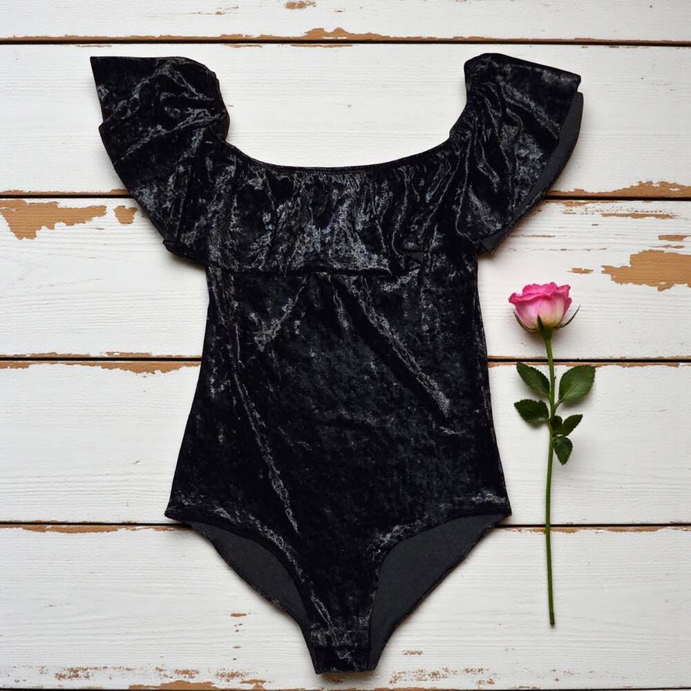 XHILARATION Black Ruffled Crushed Velvet Bodysuit Top Small